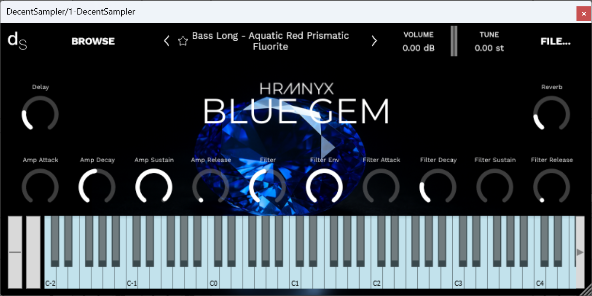 A screenshot of the Blue Gem Sample Library instrument interface in Decent Sampler.